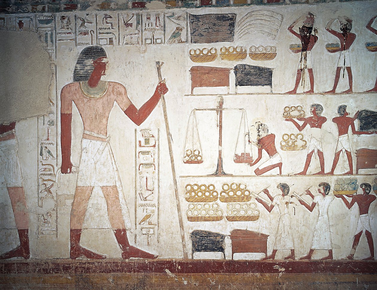 Vägningen av koppar, fresco, Tomb of Userhat, lärare och skrivare under Amenhotep II:s regeringstid, även känd som grav TT56, Sheikh Abd el-Qurna, Thebe (Unescos världsarvslista av Egyptian 18th Dynasty