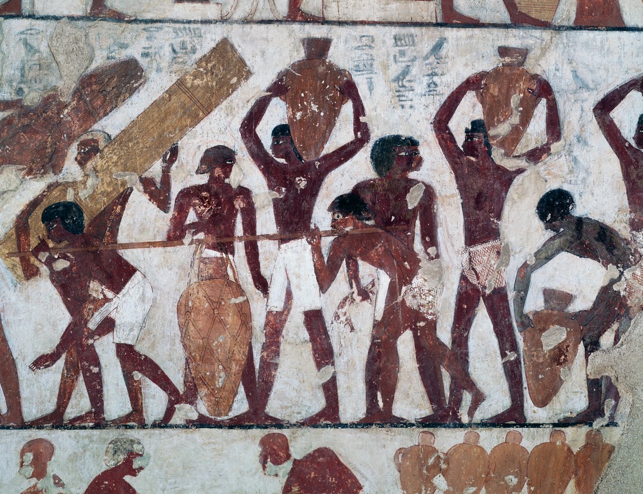 Transport av livsmedel för att fylla på lagren i Ammons tempel, Rekhmires grav, även känd som grav TT100, Sheikh Abd el-Qurna, Theban Necropolis (Unescos världsarvslista) av Egyptian 18th Dynasty
