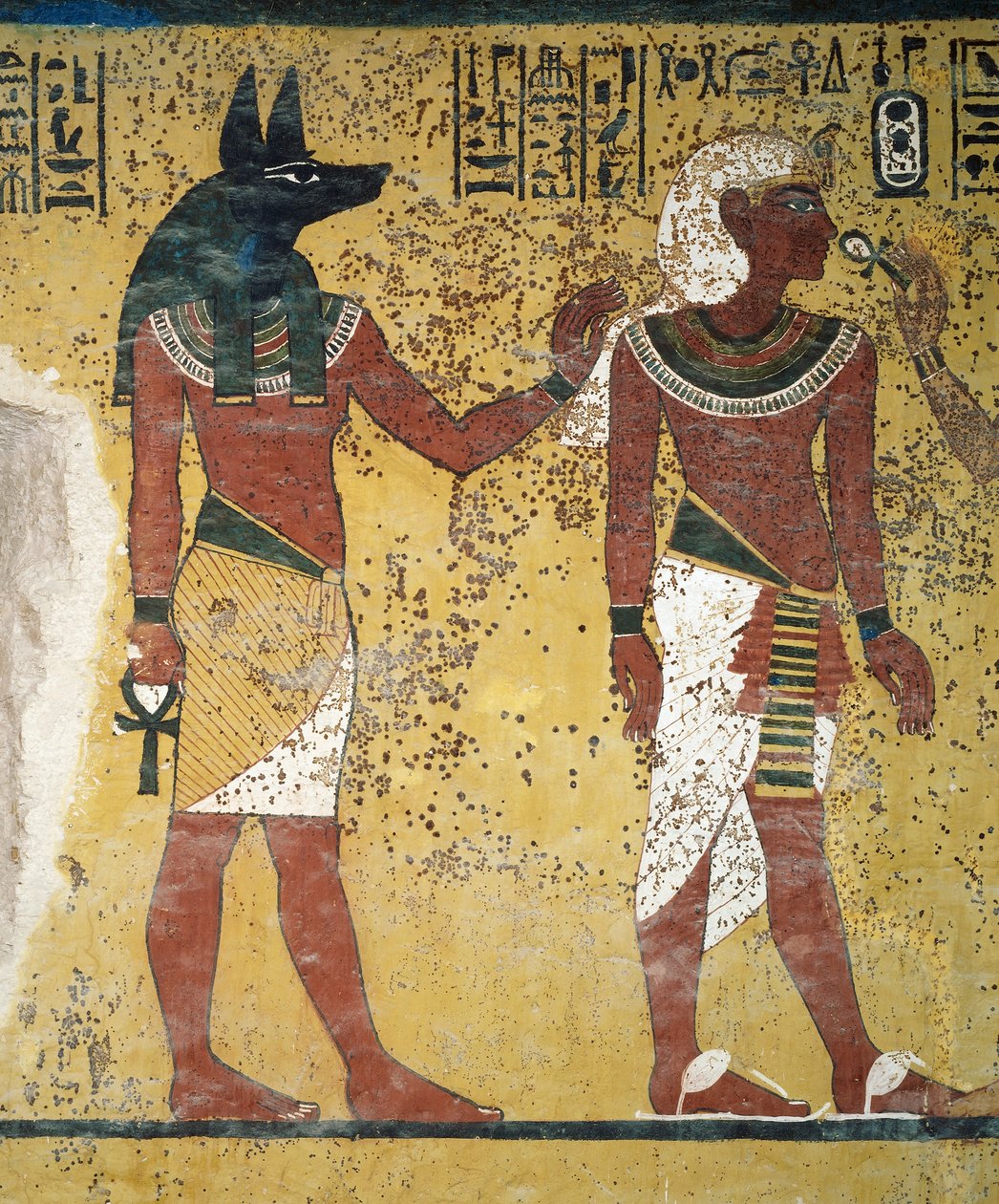 Tutankhamun välkomnas av Anubis och Hathor och erbjuder dem ankh, fresk, södra väggen i gravkammaren, Tutankhamuns grav (KV62), Konungarnas dal, Thebe, Egypten. Egyptisk civilisation, Nya riket, XVIII:e dynastin. av Egyptian 18th Dynasty
