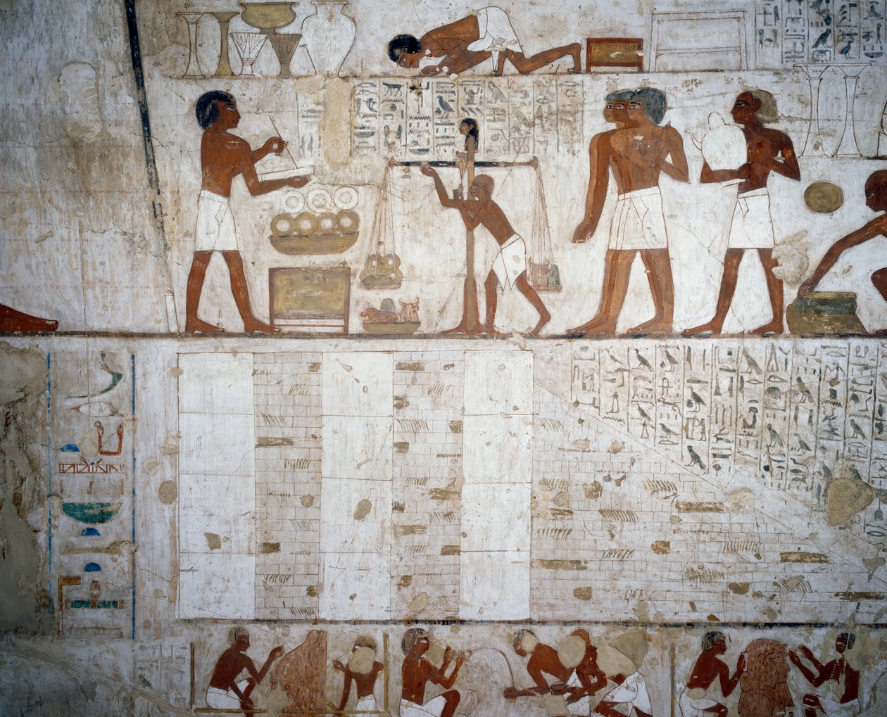 Väger guld och silver, detalj från fresker i Tomb of Rekhmire, Sheikh Abd el Qurnah Necropolis, Luxor, Thebe (Unescos världsarvslista av Egyptian 18th Dynasty