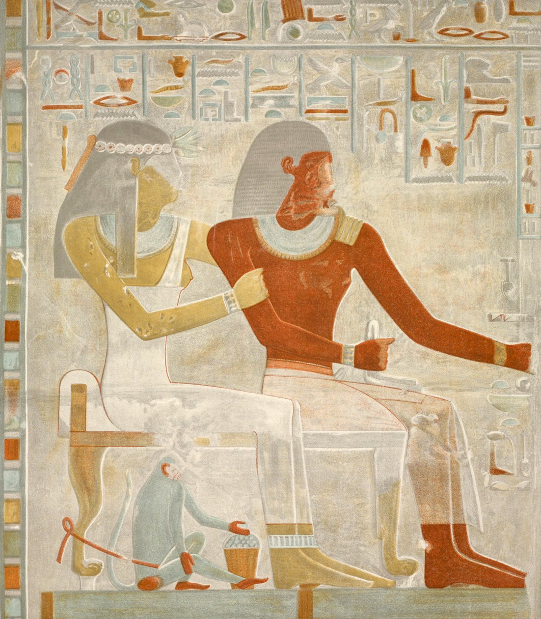 illustration av fresken Paheri och hans fru Henut-er-neheh från Paheris grav i El Kab, Egypten, bild publicerad 1895 (Skriv ut) av Egyptian 18th Dynasty
