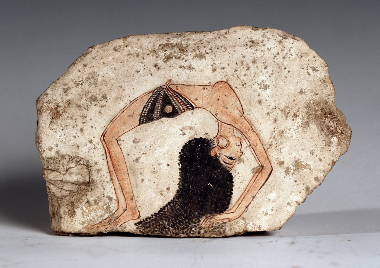 En kvinnlig akrobatdansös, Ostrakon. Kalksten, cirka 1295-1186 f.Kr av Egyptian 19th Dynasty