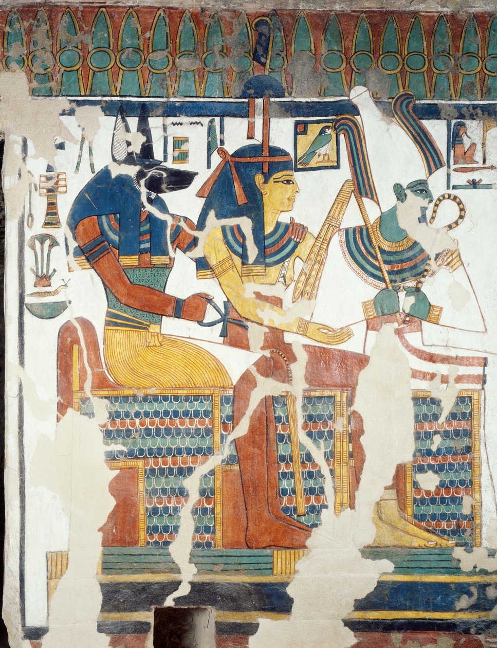 Anubis, Osiris och Nefertari, från den andra kammaren i Nefertaris grav, detalj (fresk) av Egyptian 19th Dynasty
