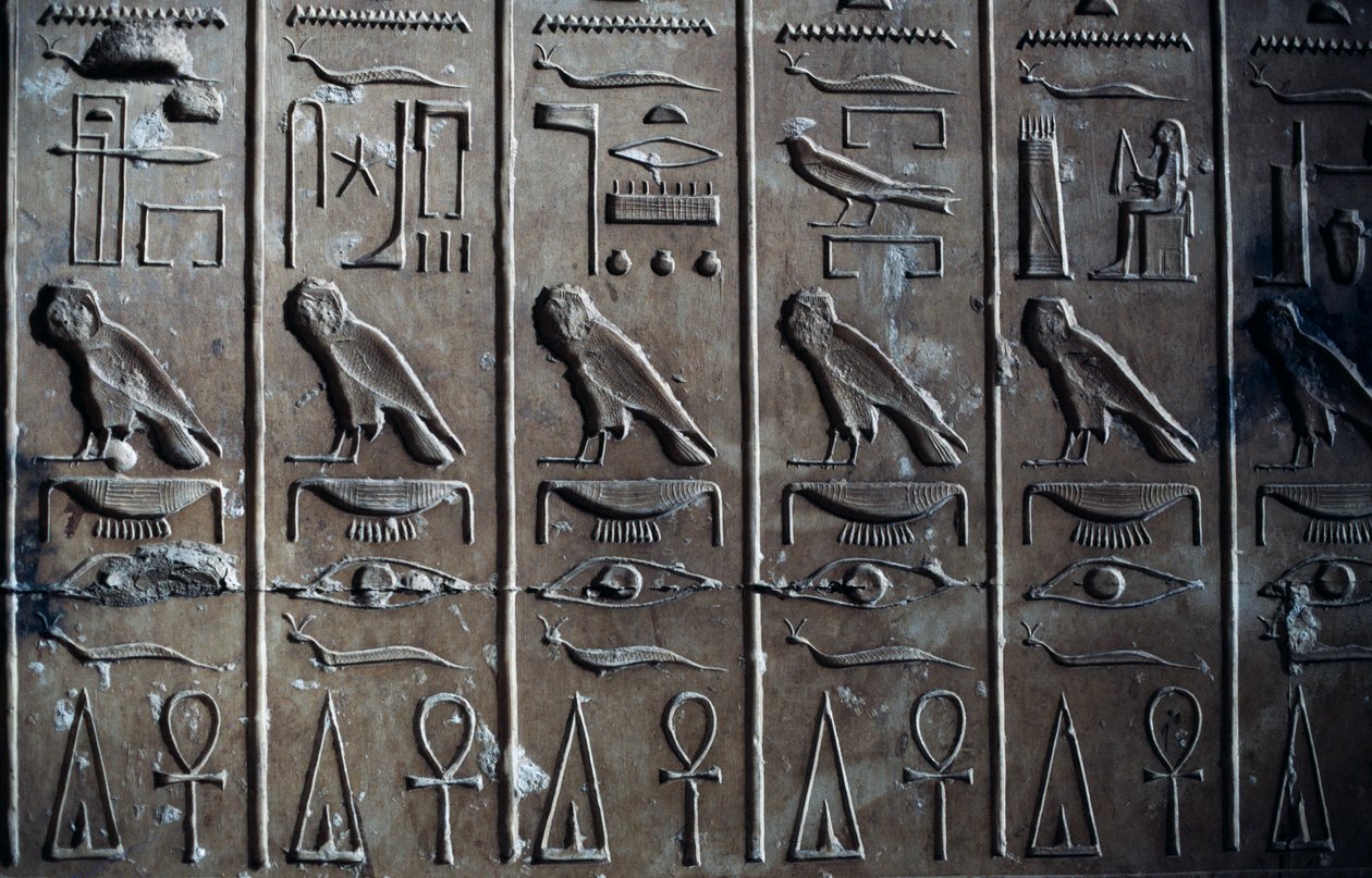 Basrelief med hieroglyfiska reliefer föreställande guden Horus i form av hök och ankh, symbol för livet, Seti I:s tempel eller Abydos stora tempel, Abydos, Egypten, Egyptisk civilisation, Nya riket, XIX:e dynastin av Egyptian 19th Dynasty