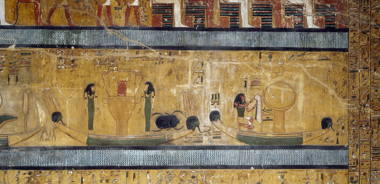 Båtar med systrar, gudinnor och skarabé, gud med strutsfjäder och måne på låda, fresk från stora Hypostyle Hall of Tomb of Seti I, Valley of Kings, Luxor, Thebe (Unesco Unesco av Egyptian 19th Dynasty