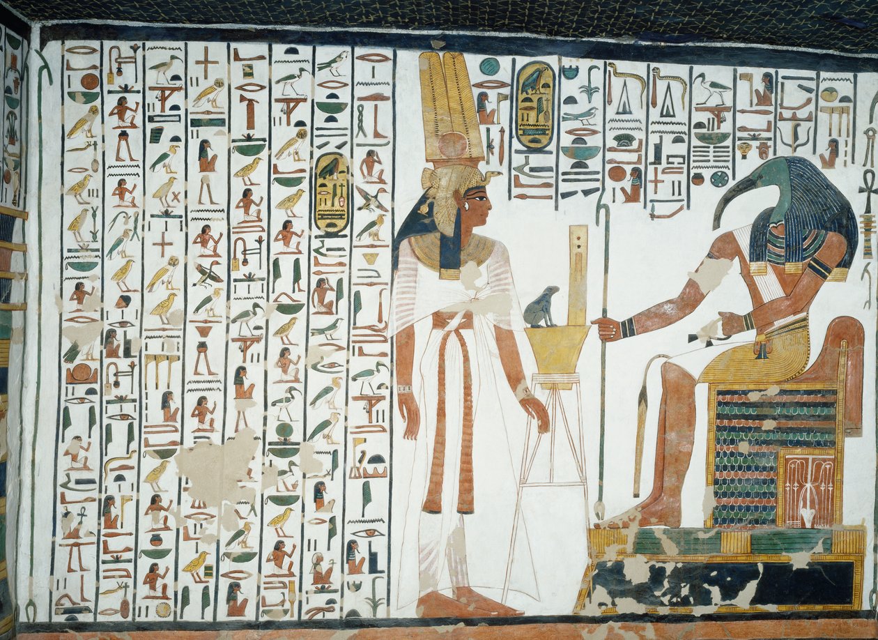 Kapitel 94 i Dödsboken, Nefertari stående framför guden Thoth, den ibis-hövdade skrivaren, fresk, norra väggen, östra sidokammaren, Nefertaris grav (QV66), Drottningarnas dal, Thebe. Egyptisk civilisation, Nya kungariket, dynasti XIX. av Egyptian 19th Dynasty