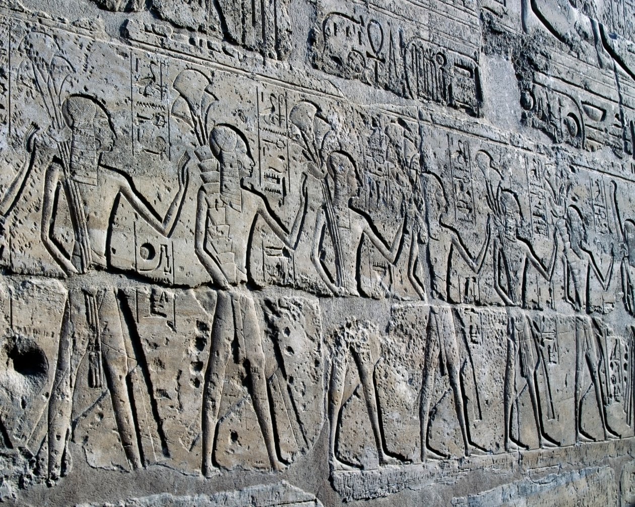 Figurer som symboliserar gruvdistrikt som för sina hyllningar till gud, relief, Ramses II:s innergård, Amuntemplet (Unescos världsarvslista) av Egyptian 19th Dynasty