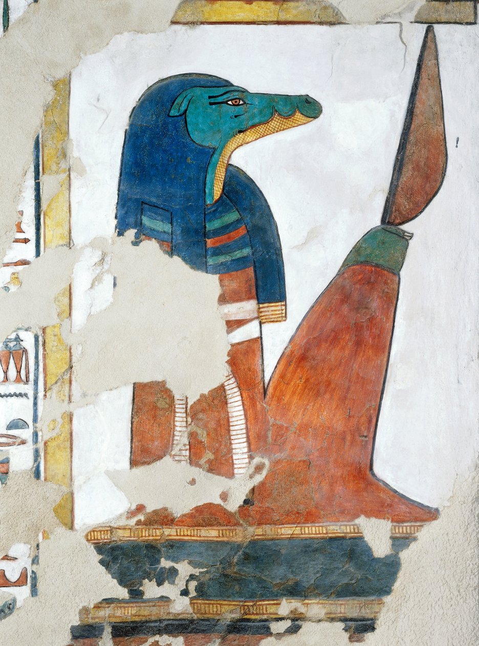 Krokodilhuvad väktare av den tredje porten till Osiris rike, kapitel 146 i De dödas bok, fresk, gravkammare, Nefertaris grav (QV66), Drottningarnas dal, Thebe. Egyptisk civilisation, Nya riket, dynasti XIX. av Egyptian 19th Dynasty