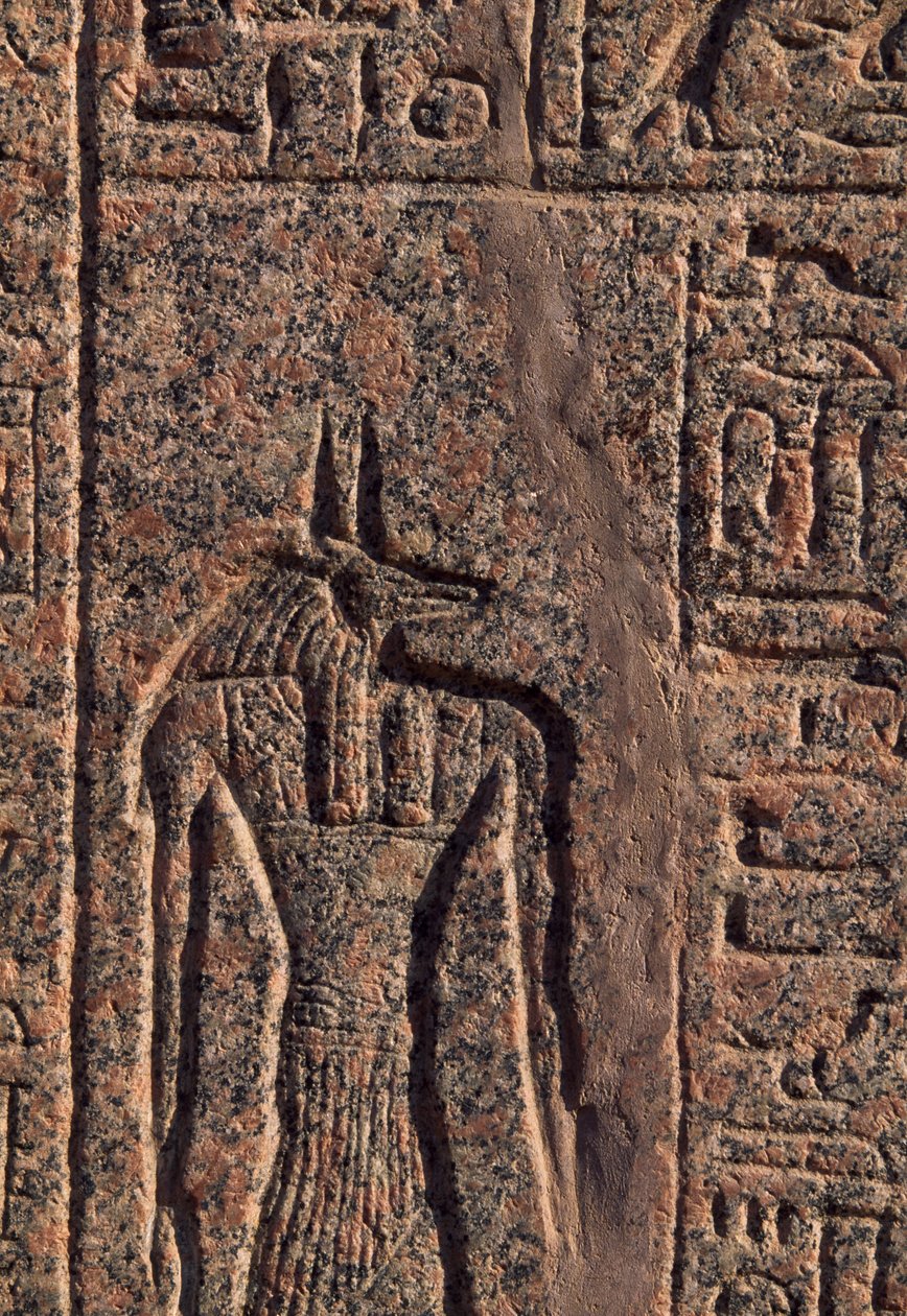Avbildning av Anubis, detalj av inskription och relief av Anubis och en annan gud, Amenhoteps sarkofag, Memphis (Unescos världsarvslista av Egyptian 19th Dynasty