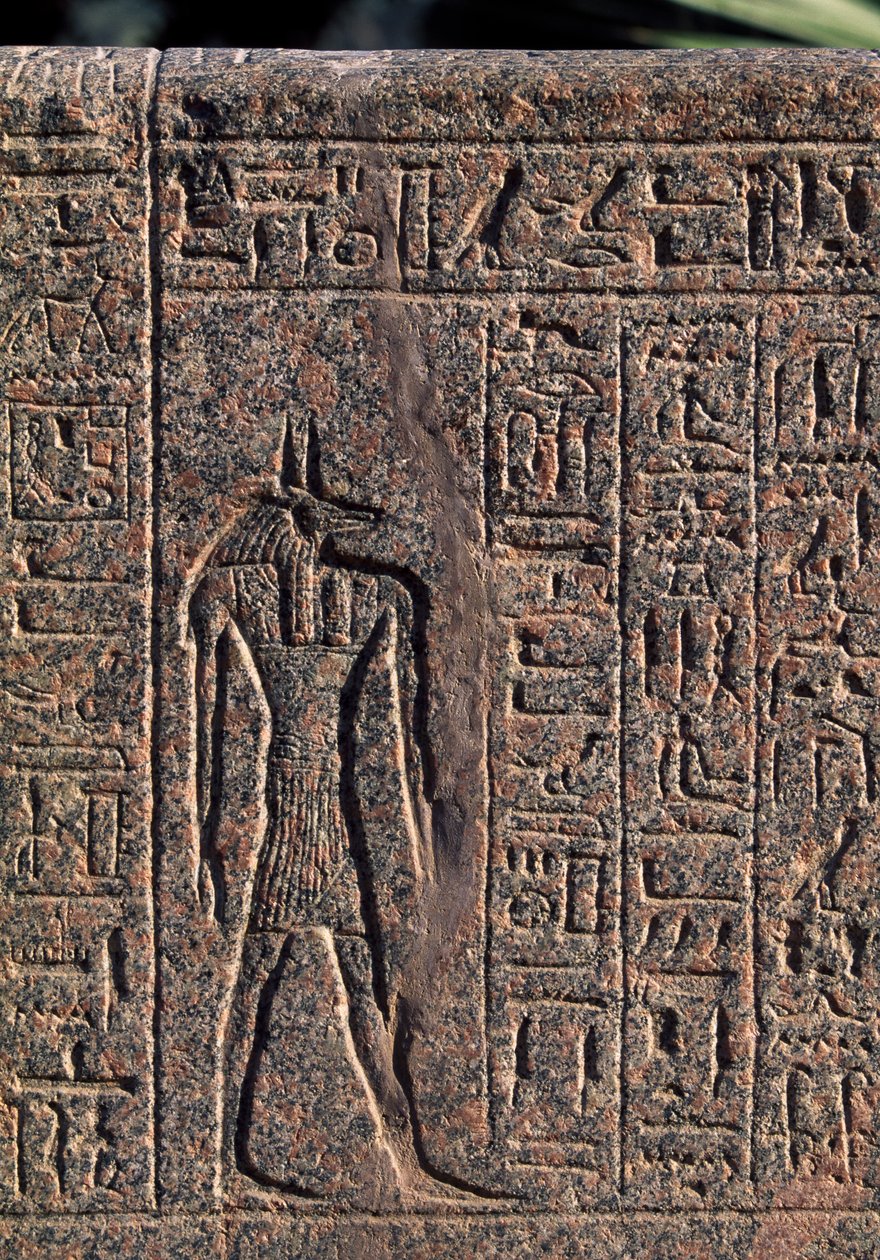 Avbildning av Anubis, detalj av inskription och relief av Anubis och en annan gud, Amenhoteps sarkofag, Memphis (Unescos världsarvslista av Egyptian 19th Dynasty