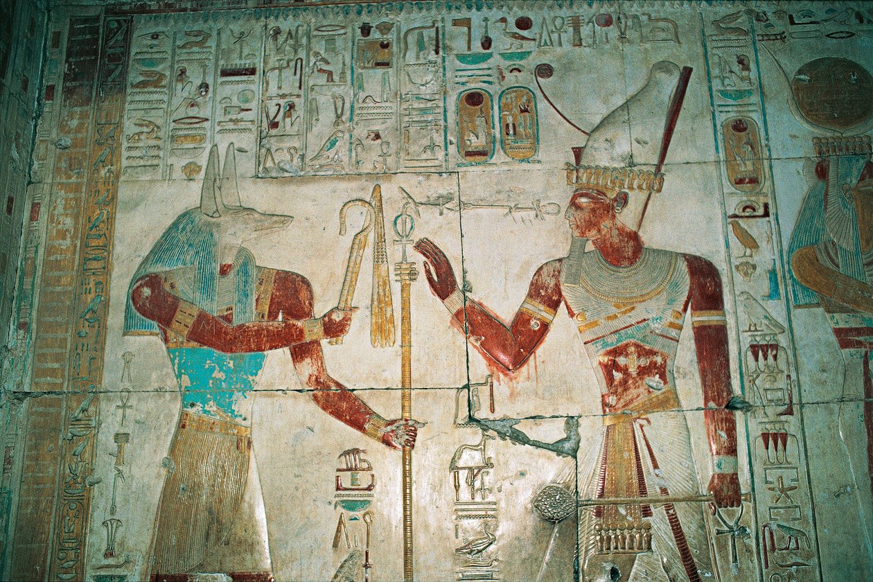 Egypten, Abydos, farao Seti I:s tempel, Osiriskapellet. Detalj, målad relief, Nya riket, XIX:e dynastin av Egyptian 19th Dynasty