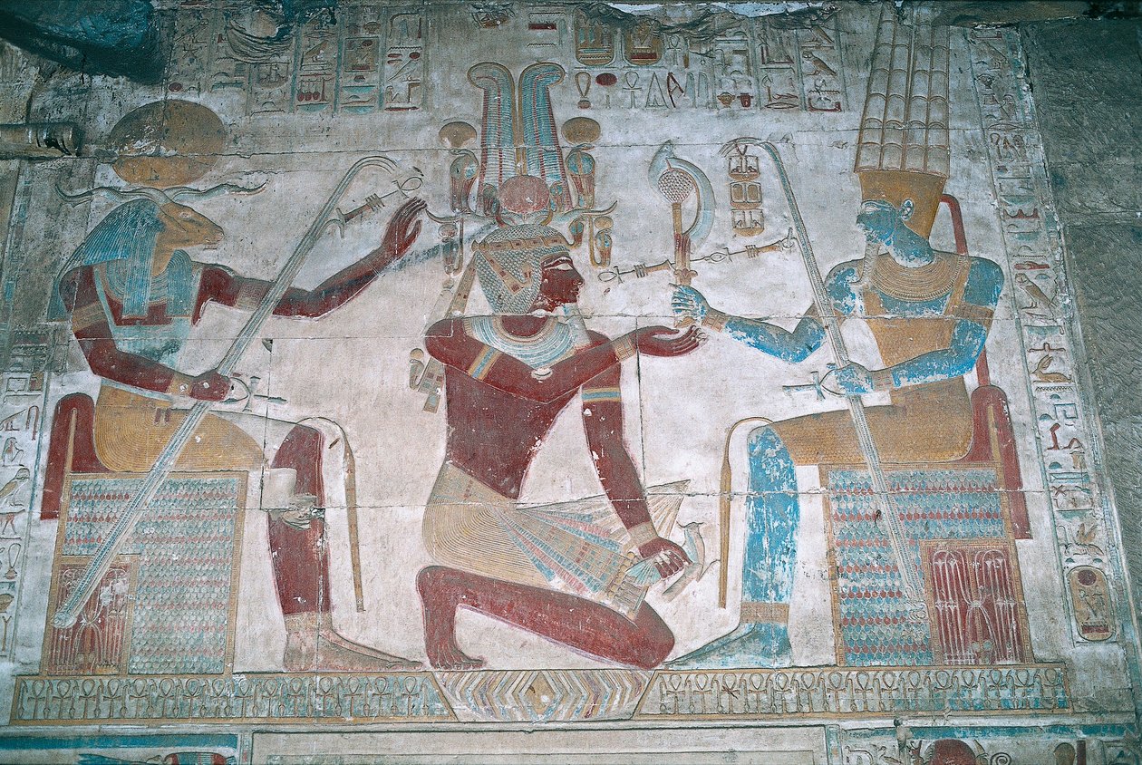 Egypten, Abydos, farao Seti I:s tempel, Osiris kapell, målad relief av Egyptian 19th Dynasty