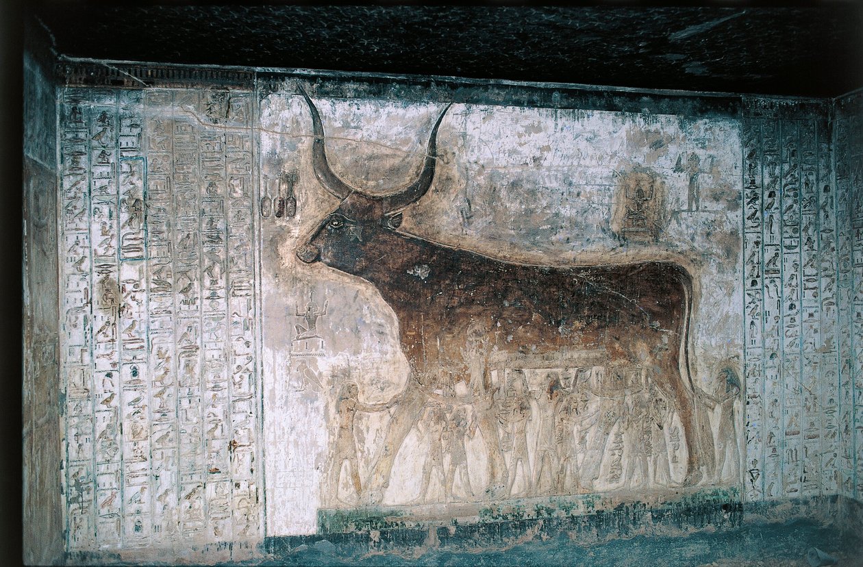 Egypten, Luxor, Konungarnas dal, Seti I:s grav, interiörfresker föreställande gudinnan Nut som ko av Egyptian 19th Dynasty