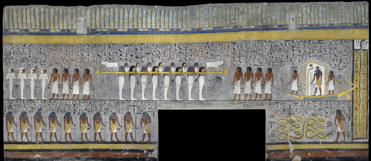 Egypten, Thebe, Luxor, Konungarnas dal, Ramses I:s grav, väggmålning av Ra i solbark i gravkammaren från 19:e dynastin av Egyptian 19th Dynasty