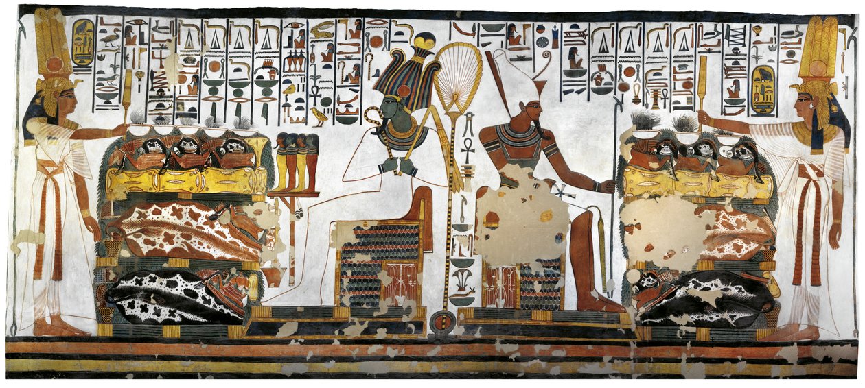 Egypten, Thebe, Luxor, Drottningarnas dal, Nefertaris grav, annex till förkammaren, väggmålningar, drottningoffer före Osiris och Atum av Egyptian 19th Dynasty