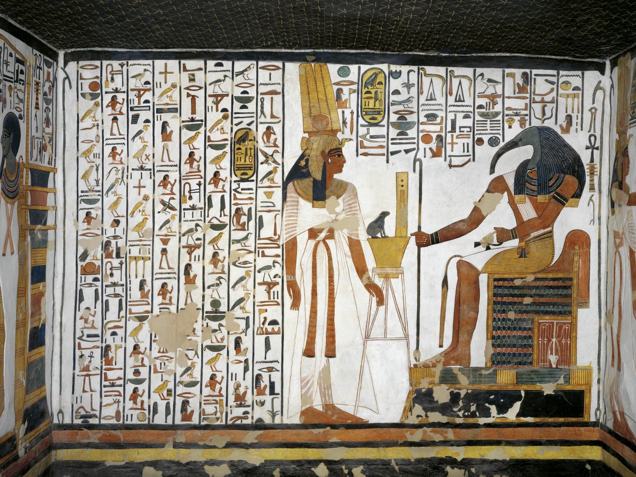 Egypten, Thebe, Luxor, Drottningarnas dal, Nefertaris grav, Annex till förkammaren, Väggmålningar, Drottning före gudomlig skrivare Thoth av Egyptian 19th Dynasty