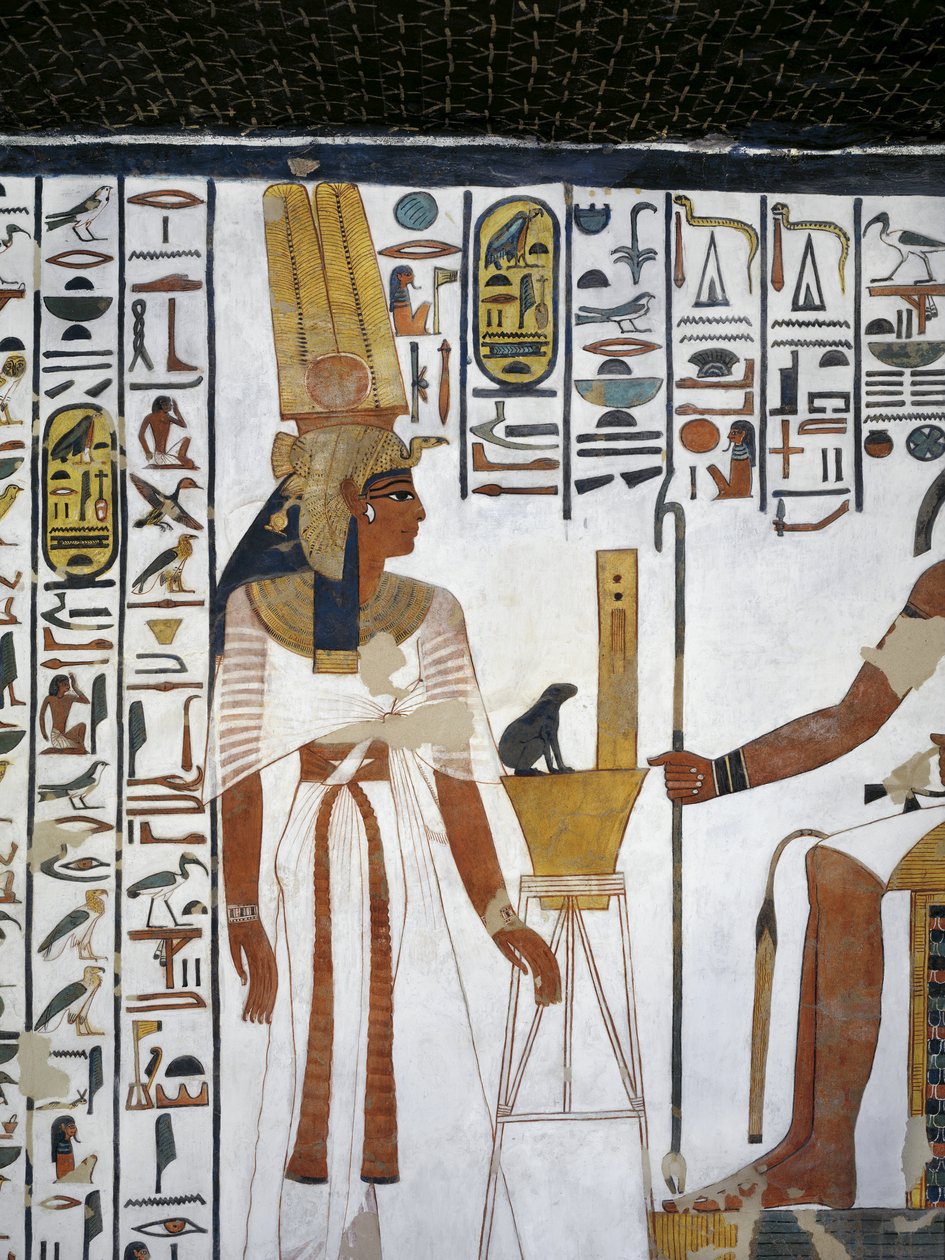 Egypten, Thebe, Luxor, Drottningarnas dal, Nefertaris grav, Annex till förkammaren, Väggmålningar, Drottning före den gudomlige skrivaren Thoth av Egyptian 19th Dynasty