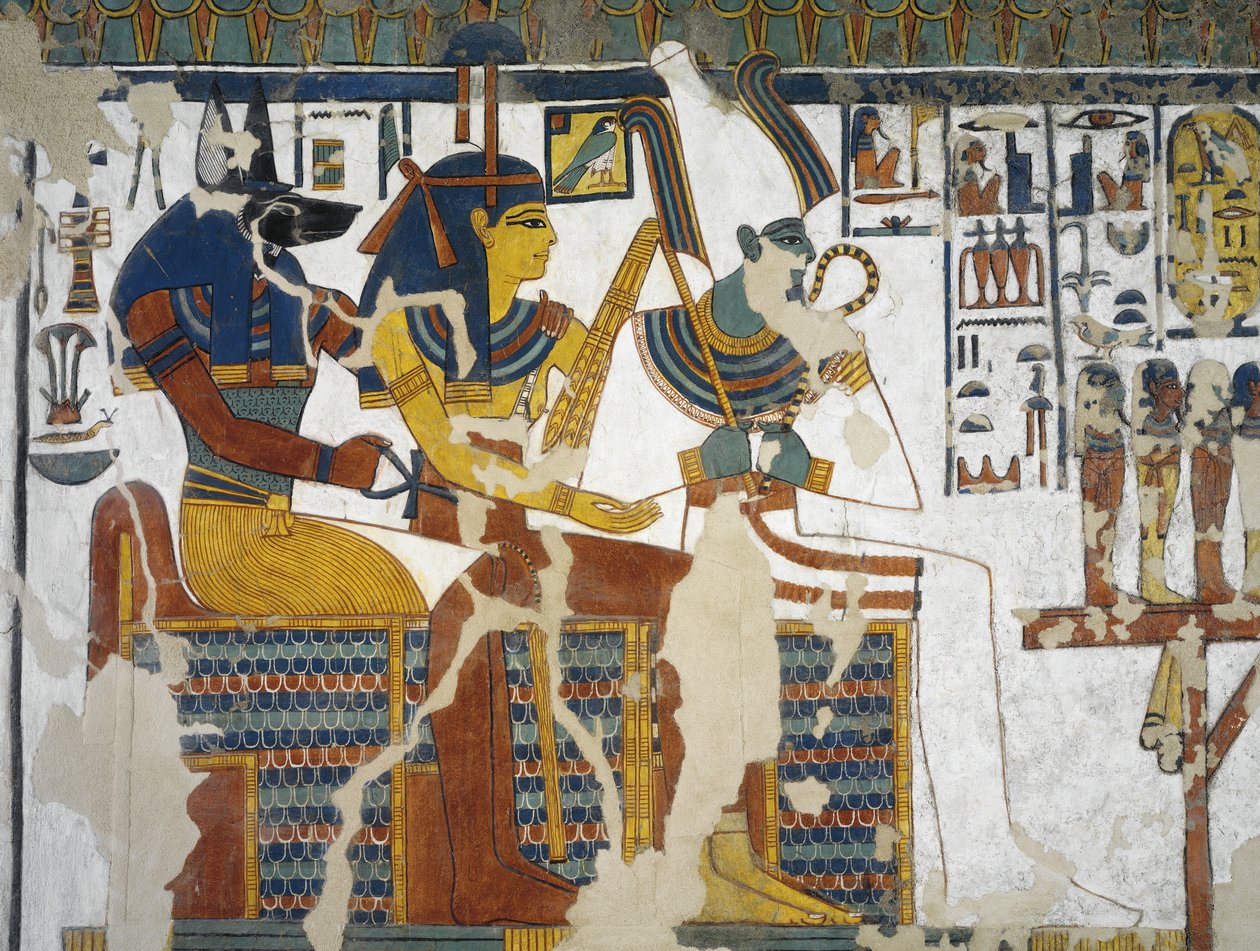Egypten, Thebe, Luxor, Drottningarnas dal, Nefertaris grav, väggmålning av Anubis, Isis och Osiris i gravkammaren från 19:e dynastin av Egyptian 19th Dynasty