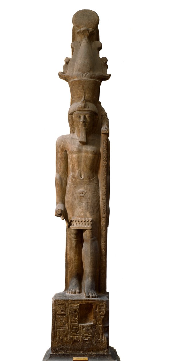 Egyptisk antikviteter: staty av farao Sethi II (Seti eller Sety) (1200-1194 f.Kr.) från den 19:e dynastin i rosa gres, han bär en scepter med symbolen för guden Amon, Dim. 465 cm. Egyptiska museet i Turin. av Egyptian 19th Dynasty