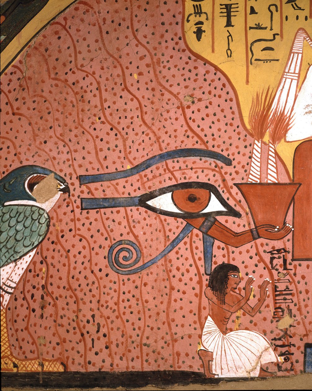 Egyptisk antikvitet: "" hantverkaren Pached (eller Pashedou eller Pachedou eller Pashed eller Pashedu) knäböjer i tillbedjan nära honom, Horus Oudjats öga""" Fresk av Pachedous grav, Deir, el Medinet, Egypten av Egyptian 19th Dynasty
