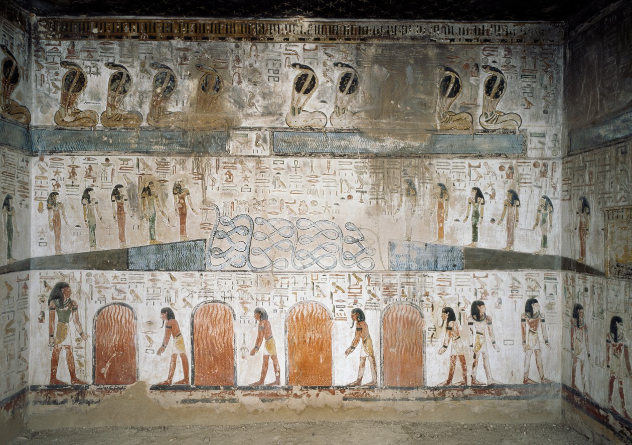 Från topp till botten, kobra, räddande överlevande från revolt mot guden Sol, släkter som matar eld åt fördömda, fresk från sidokapellet i Seti I:s grav, Valley of Kings, Luxor, Thebe (Unescos världsarv Unesco av Egyptian 19th Dynasty