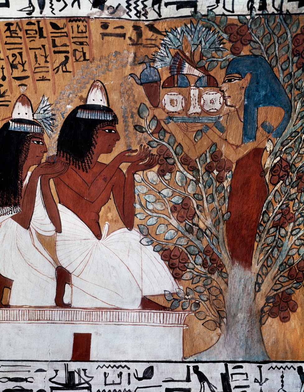 Gudinnan Isis visar sig för Sennedjem och hans fru i en helig sykomor, Sennedjems grav, även känd som TT1-graven, från Ramses II:s regeringstid, Deir el- Medina, Theban Necropolis, Egyptiska civilisationen, Nya riket, Dynasti XIX av Egyptian 19th Dynasty