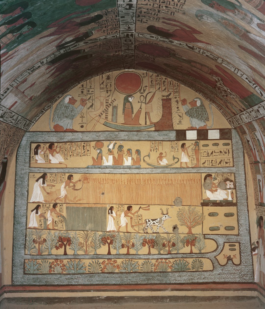 Skördeplats på östmuren, från Sennedjems grav, The Workers Village, New Kingdom (väggmålning) av Egyptian 19th Dynasty