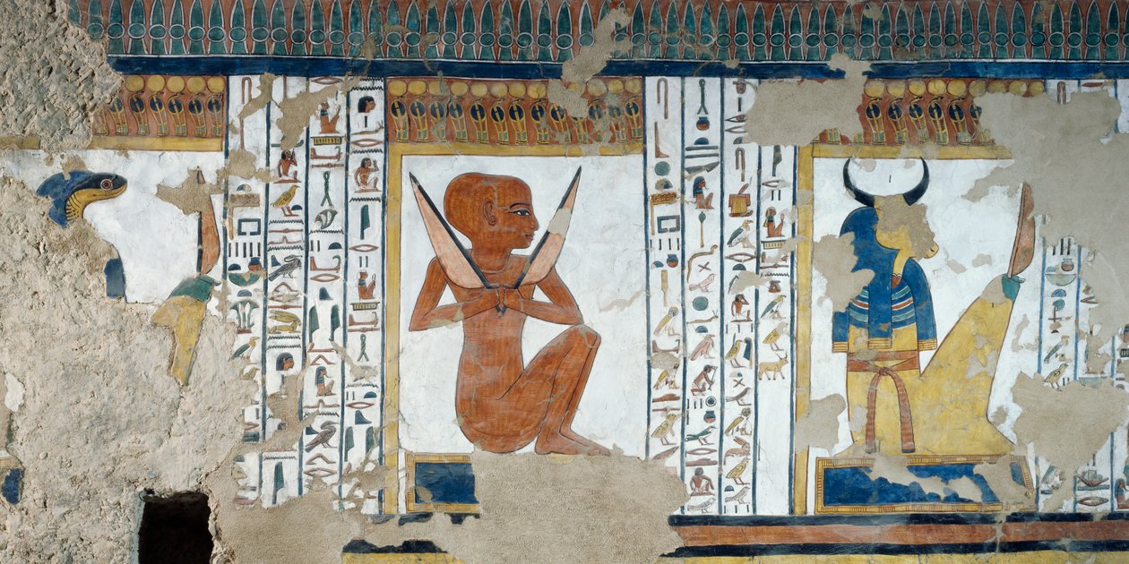 Henty-Reki, väktare av femte porten till kungariket Osiris, och oxhövdad väktare av fjärde porten, fresker av gravkammaren i Nefertari, Valley of Queens, Luxor, Thebe (Unescos världsarvslista av Egyptian 19th Dynasty