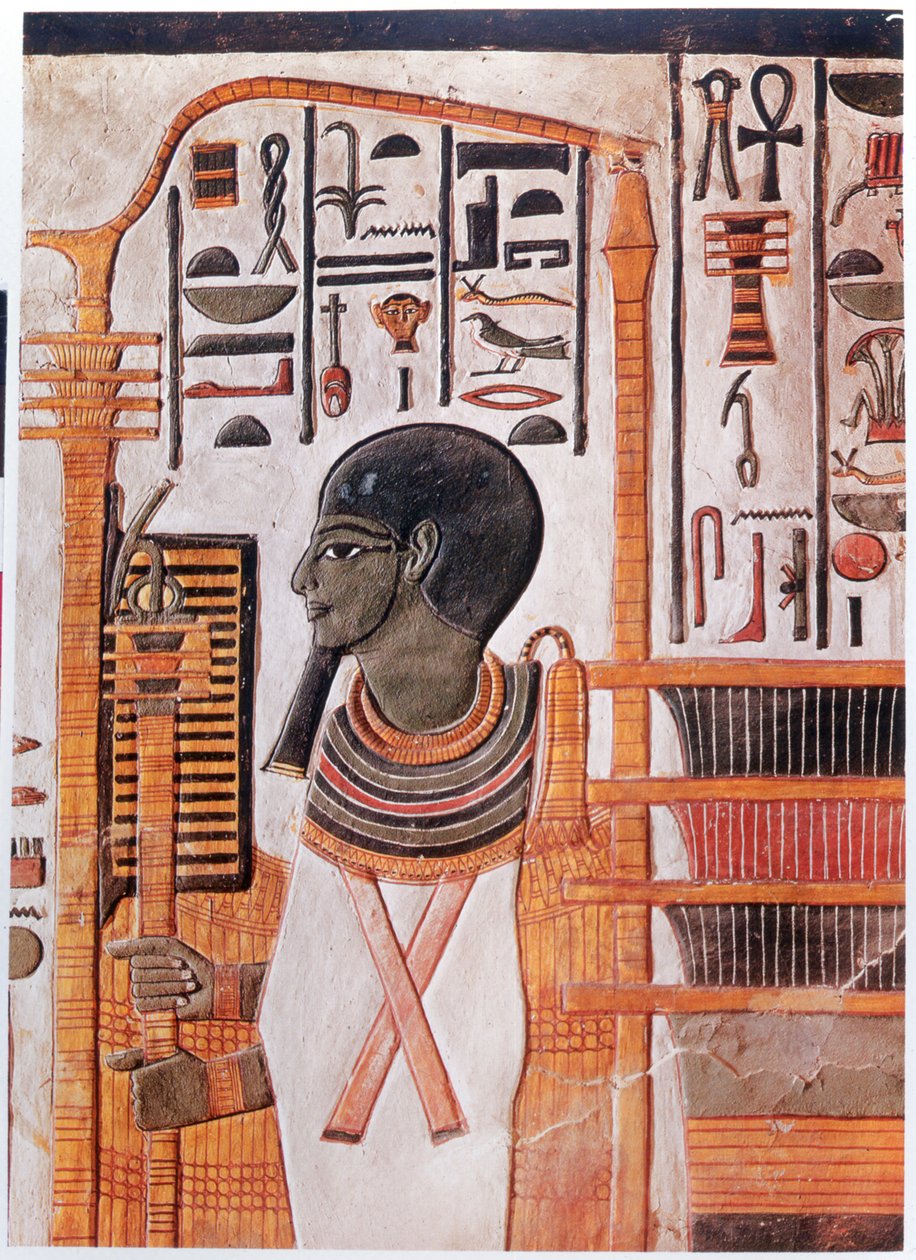 Historia. Forntida Egypten. Ptah, gudomliggörande av urhögen i Ennead-kosmogonin. Fresk i graven av Nefertari i Konungarnas dal, forntida Egypten. (fresk) av Egyptian 19th Dynasty