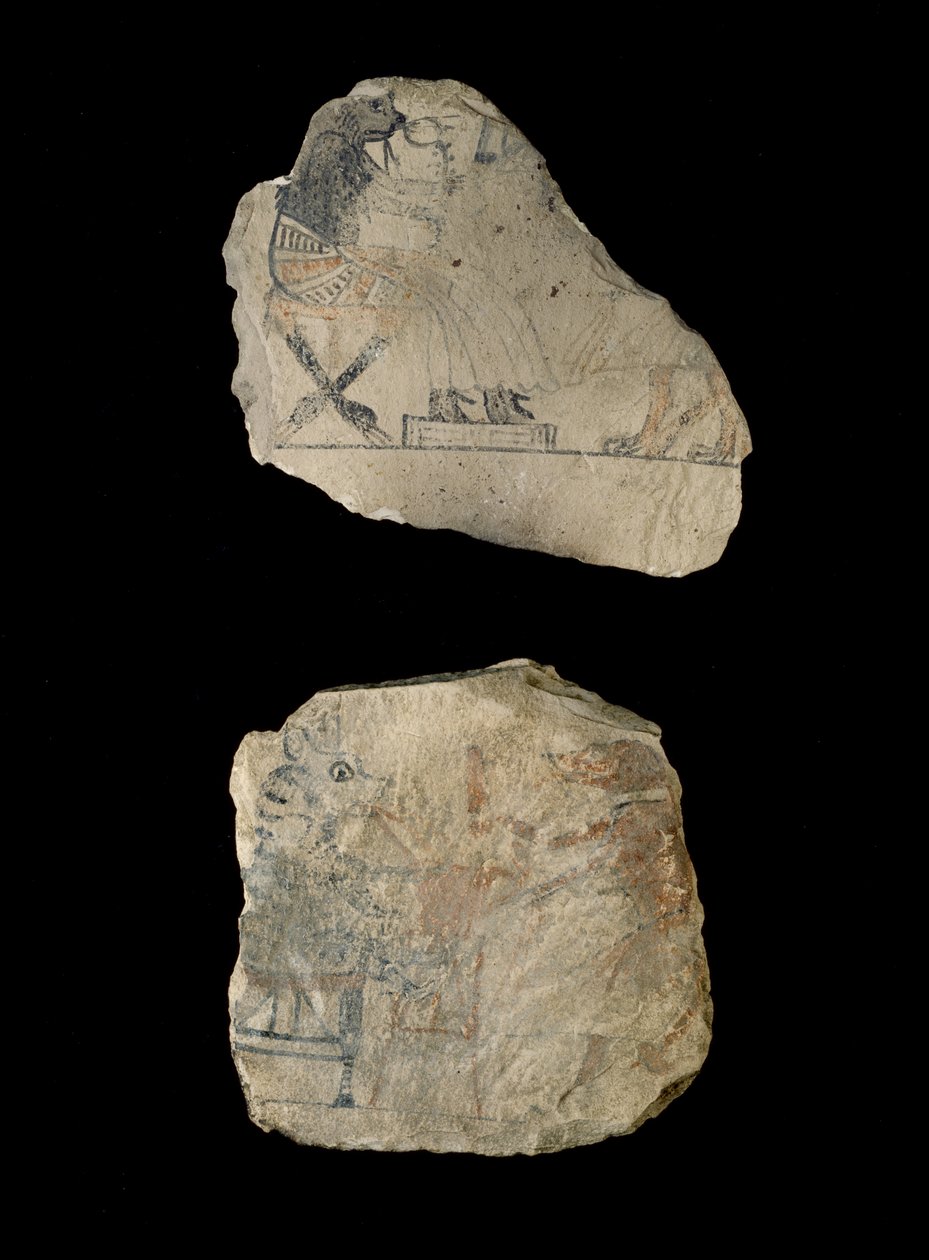 Kalkstensostraca med humoristiska skisser i rött och svart bläck (kalksten målad med svart och rött bläck) av Egyptian 19th Dynasty