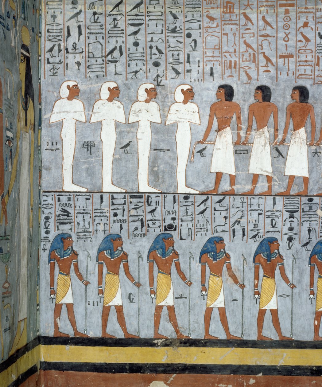Mumier och mansfigurer, detalj från fresker i gravkammaren av Ramses I:s grav, Kungarnas dal, Luxor, Thebe (Unescos världsarvslista av Egyptian 19th Dynasty