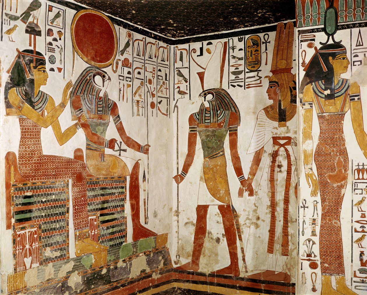 Nefertari ställs inför guden Re-Horakhty av Horus, från Nefertaris grav, New Kingdom (väggmålning) av Egyptian 19th Dynasty