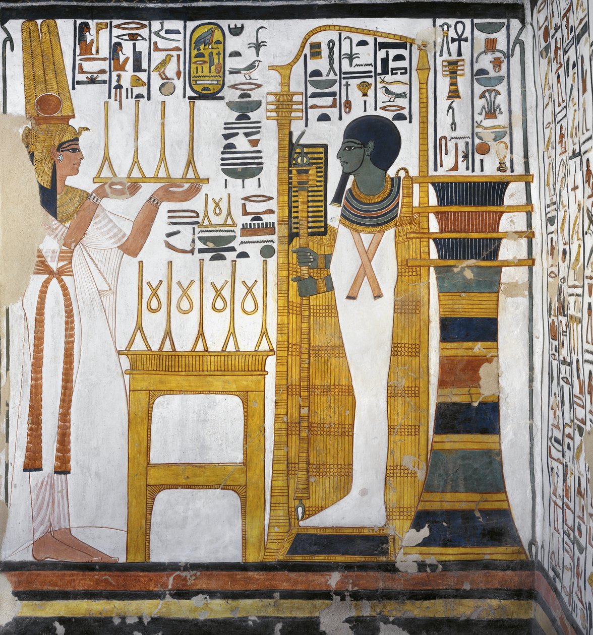 Nefertari ger ett erbjudande av linne till Ptah, detalj från den västra väggen i östra annexet till graven av Nefertari (väggmålning) av Egyptian 19th Dynasty