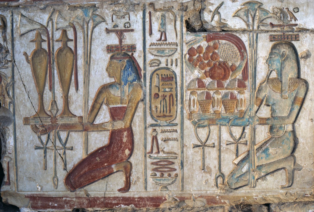 Offerscen, relief, Ramses II:s tempel, Abydos, Egypten, Egyptiska civilisationen, Nya riket, XIX:e dynastin (foto) av Egyptian 19th Dynasty
