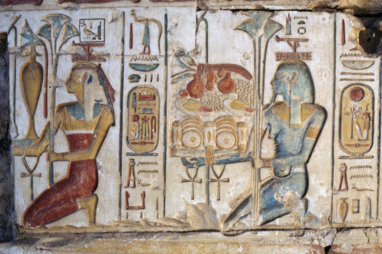 Offerscen, relief, Ramses II:s tempel, Abydos, Egypten, Egyptiska civilisationen, Nya riket, XIX:e dynastin (foto) av Egyptian 19th Dynasty