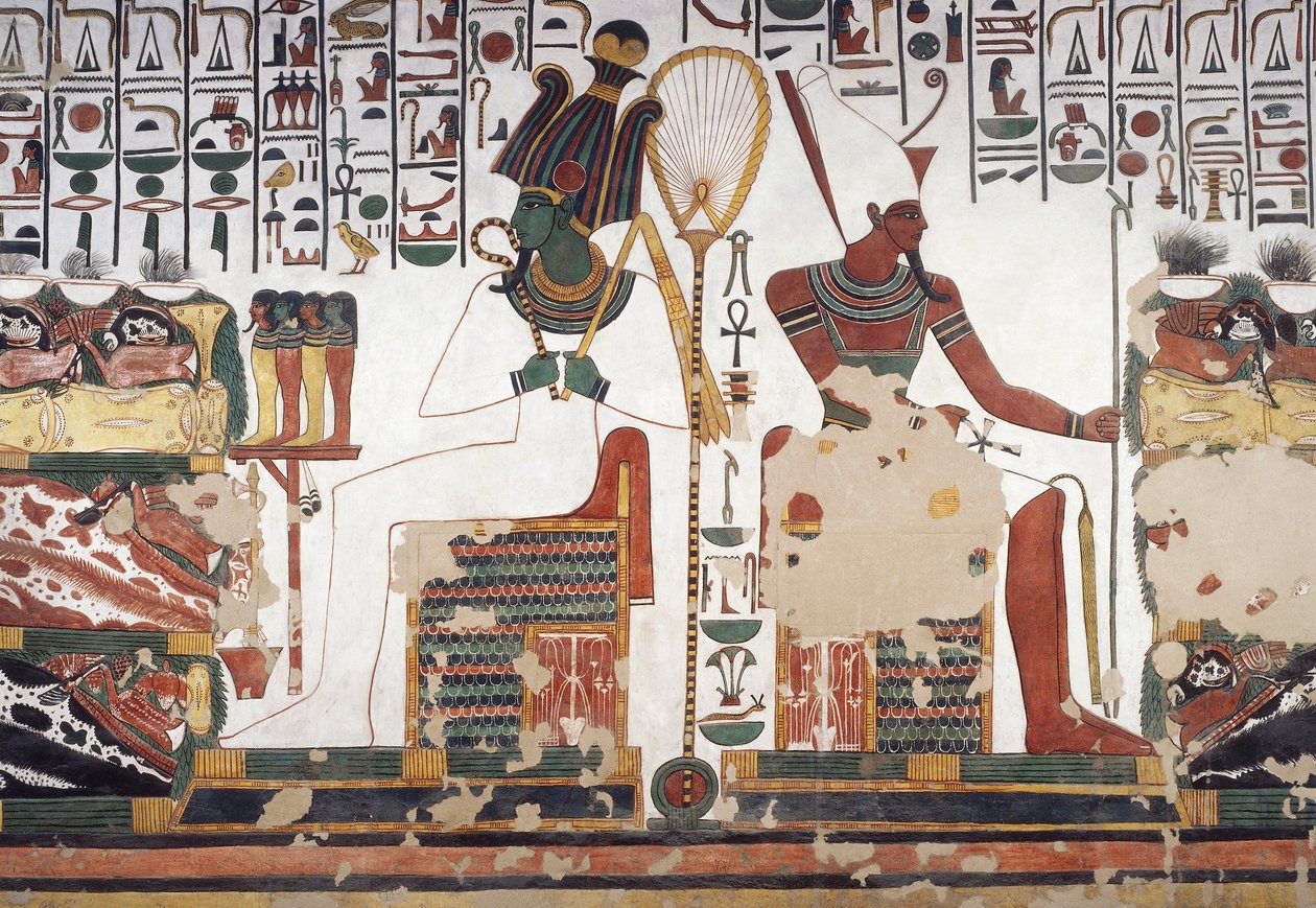 Osiris och Atum, fresk, östra väggen, östra sidokammaren, Nefertaris grav (QV66), Valley of the Queens, Thebe (Unescos världsarvslista av Egyptian 19th Dynasty