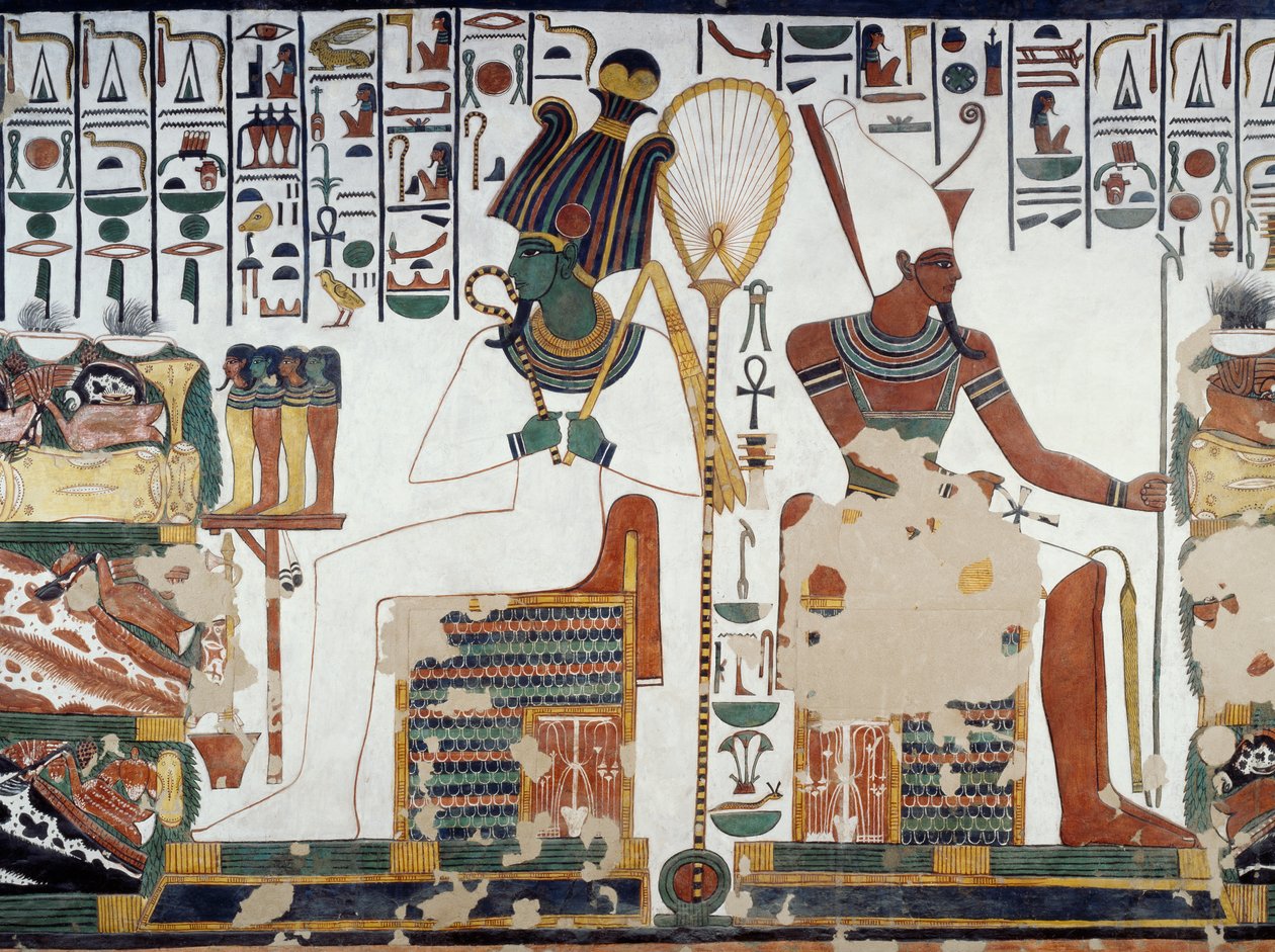Osiris och Atun, detalj av freskerna i den andra kammaren i graven av Nefertari, Valley of the Queens, Luxor, Thebe (Unescos världsarvslista av Egyptian 19th Dynasty