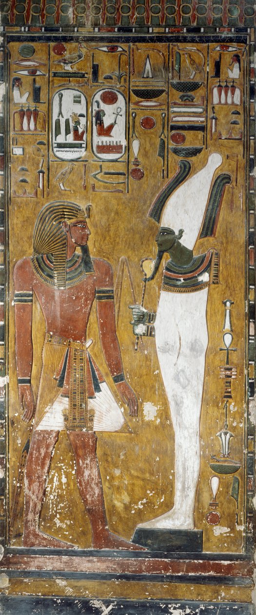 Osiris och Seti I, detalj från fresker i gravkammaren av Seti I:s grav, Valley of Kings, Luxor, Thebe (Unescos världsarvslista av Egyptian 19th Dynasty