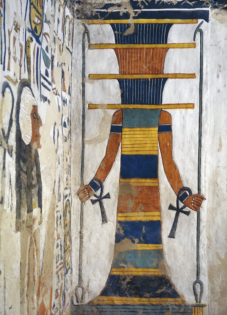 Osiris som en djed-pelare som håller en spira i varje hand och med en ankh på varje handled, detalj från det första västra annexet till Nefertaris grav (väggmålning)  Egypten, Thebe, Luxor, Drottningarnas dal, Nefertaris grav, bilaga till begravningshuset av Egyptian 19th Dynasty