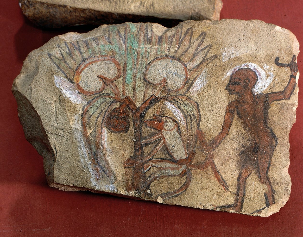 Ostrakon föreställande en apa som plockar dadlar under uppsikt av en ung man från Egypten, Västra Thebe, Deir el-Medina av Egyptian 19th Dynasty