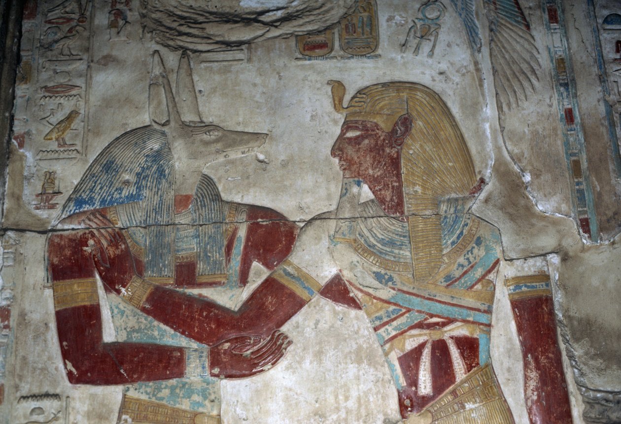 Målad relief föreställande farao och guden Anubis, Osiris kapell, Seti I:s tempel av Egyptian 19th Dynasty