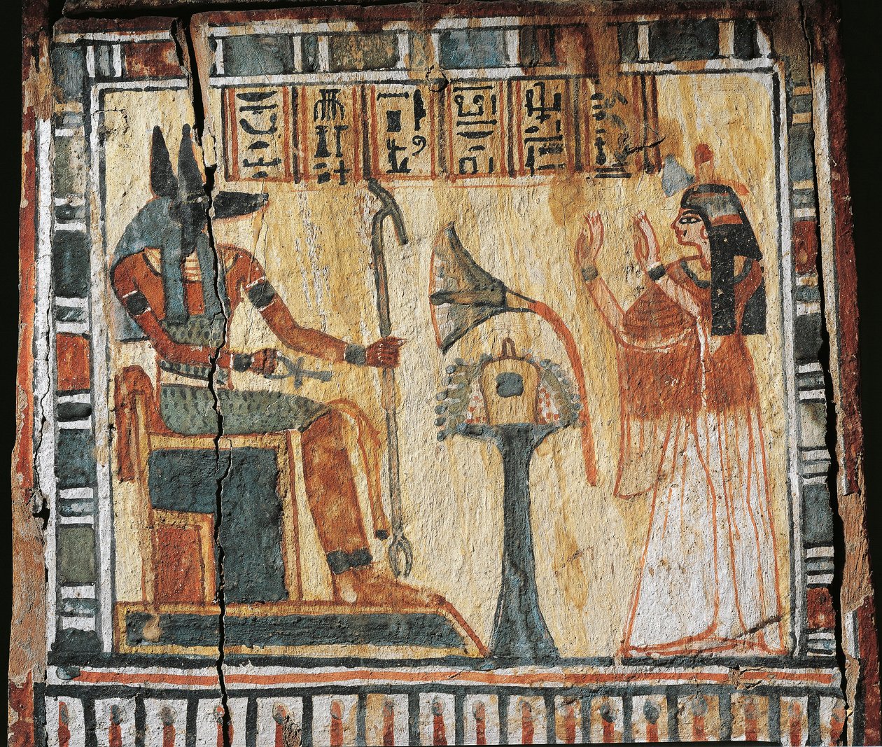 Målad träask föreställande den avlidne och guden Anubi, för shabtis av Tamutnofret av Egyptian 19th Dynasty