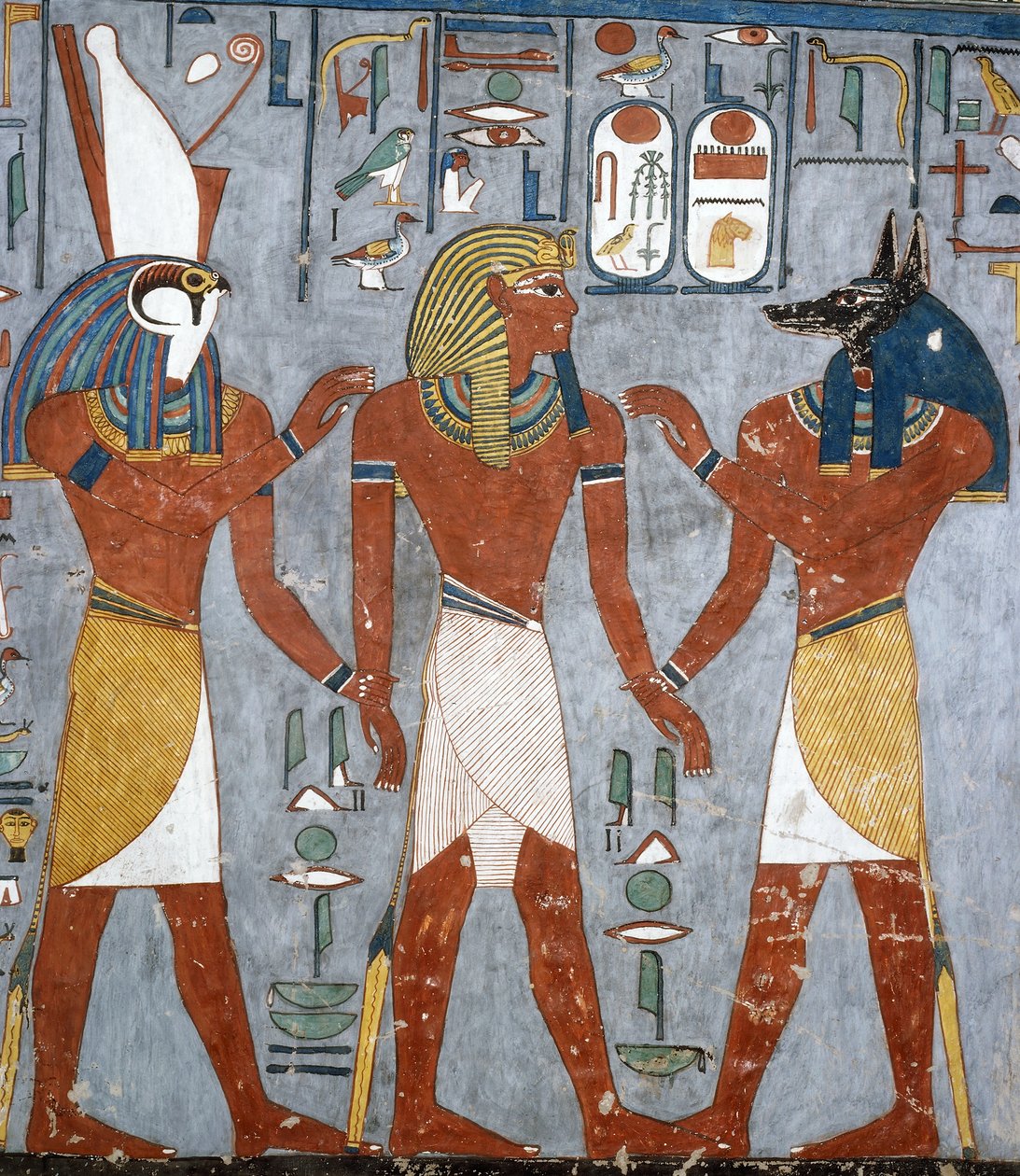 Ramses I mellan Horus och Anubis, fresk, gravkammare, Ramses I:s grav (KV16), Konungarnas dal, Thebe (Unescos världsarvslista av Egyptian 19th Dynasty