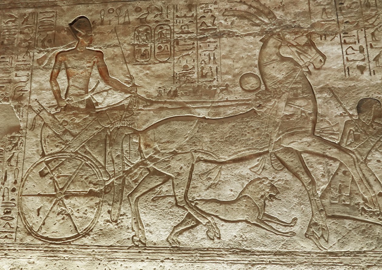 Ramses II på sin vagn, stora templet i Abu Simbel (relief) av Egyptian 19th Dynasty