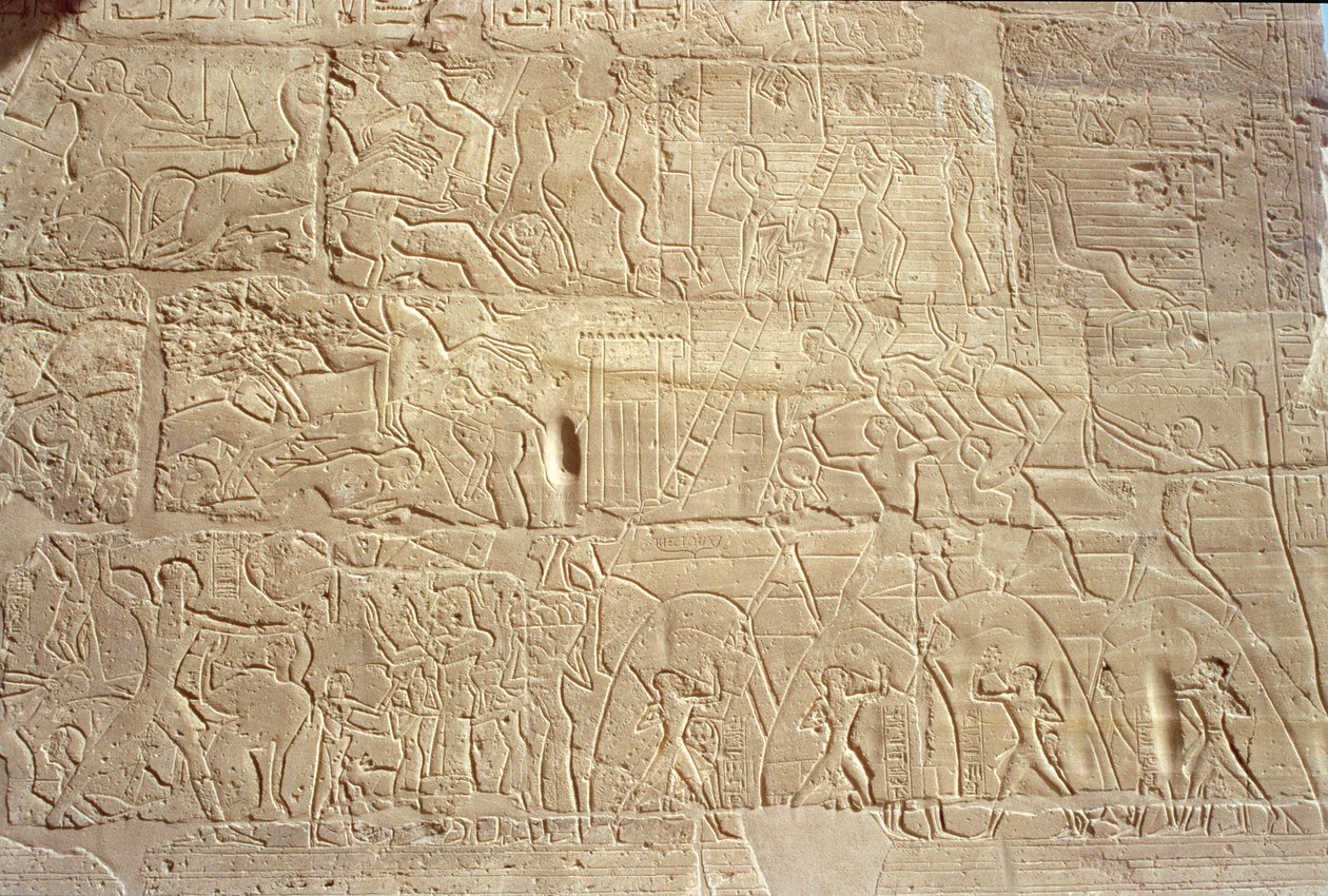Relief som visar egyptiska trupper som stormar den hettitiska staden Dapur, från Great Hypostyle Hall, New Kingdom, C.1297-1185 BC av Egyptian 19th Dynasty