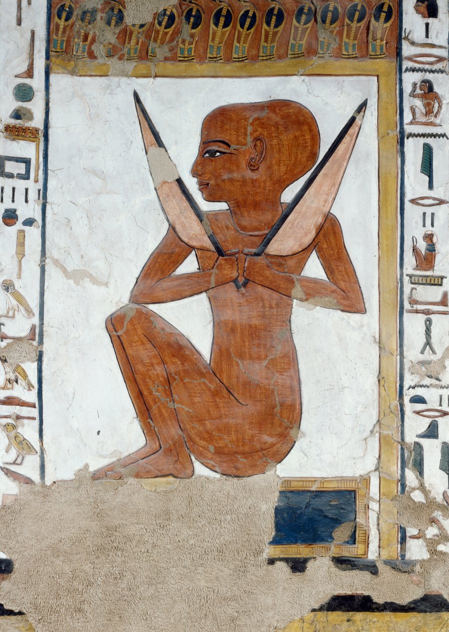 Representation av Henty-Reki, väktare av den femte porten till kungariket Osiris, detalj från freskerna i gravkammaren i Nefertari, Valley of Queens, Luxor, Thebe. Egyptisk civilisation, Nya kungariket, dynasti XIX. av Egyptian 19th Dynasty