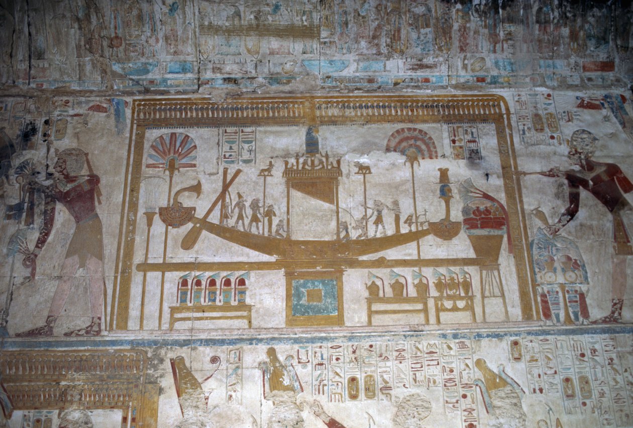 Helig båt, basrelief, Osiriskapellet, Seti I:s tempel av Egyptian 19th Dynasty