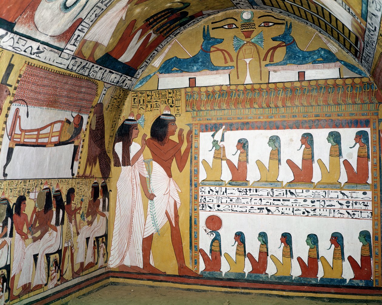 Sennedjem och hans fru står inför en naos som innehåller tolv gudomligheter, från västra väggen i Sennedjems grav, The Workers Village, New Kingdom (väggmålning) av Egyptian 19th Dynasty