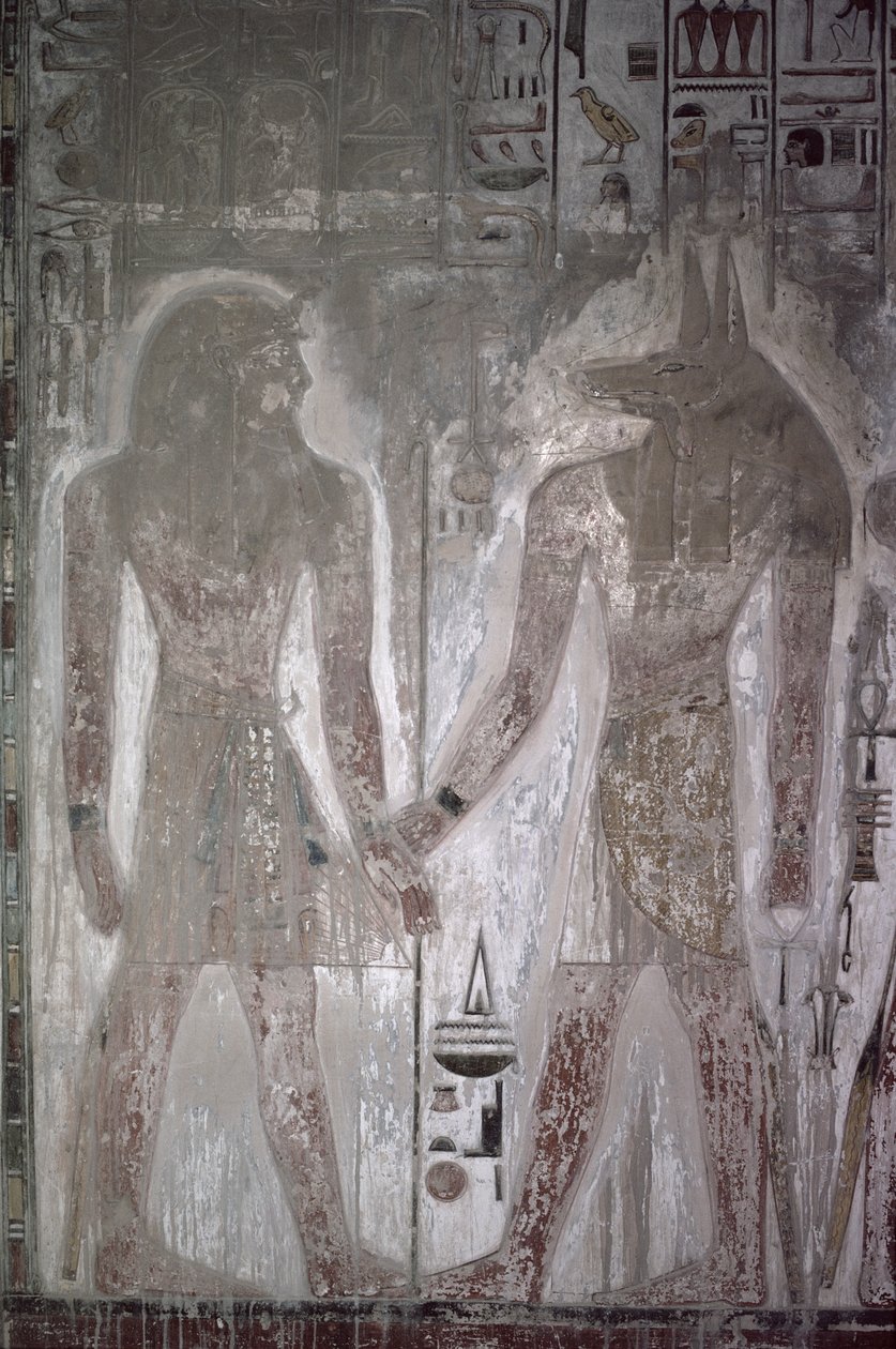 Seti I (1303-1290 f.Kr.) och Anubis i Setis grav, Nya kungariket (väggmålning) av Egyptian 19th Dynasty