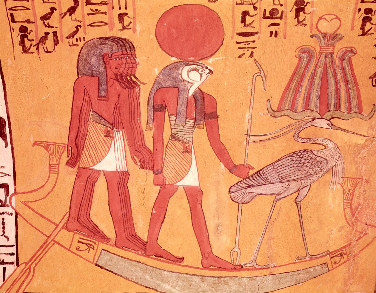 Solbark med Re-Horakhty, benufågeln och fyra andra gudar, från Tomb of Sennedjem, The Workers Village, New Kingdom (väggmålning) av Egyptian 19th Dynasty